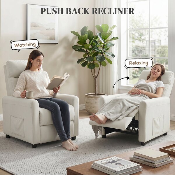HOMCOM Fotoliu Reclinabil 135° max în Material cu Efect de In, Spumă, Oțel și Lemn, 73x86x100 cm, Crem | Aosom Romania