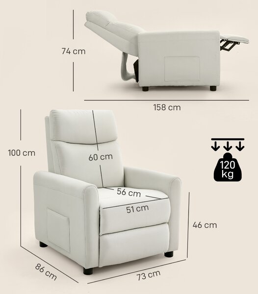 HOMCOM Fotoliu Reclinabil 135° max în Material cu Efect de In, Spumă, Oțel și Lemn, 73x86x100 cm, Crem | Aosom Romania