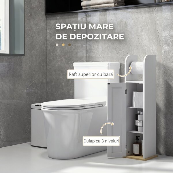 Kleankin Dulap Baie Îngust, Dulăpior Salvaspațiu cu Suport Hârtie Igienică, Rafturi Reglabile, pentru Spălătorie, Modern, 20x20x80 cm, Alb | Aosom Romania