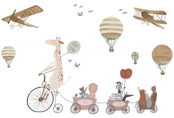 Sticker Decorativ Pentru Copii, Autoadeziv, Animale, girafa pe bicicleta si prietenii, 72x111 cm