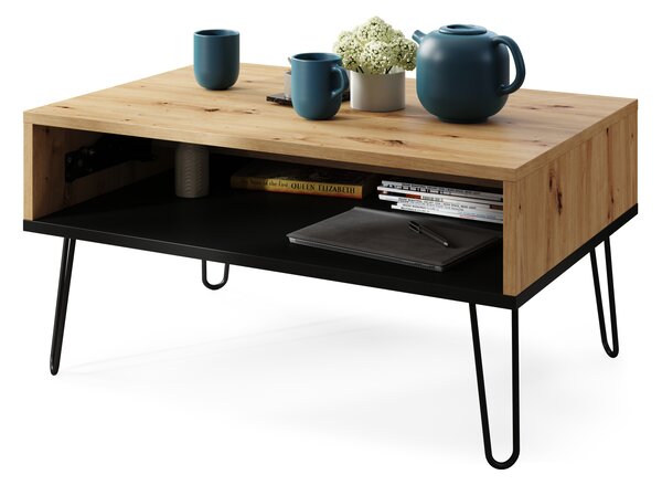 Mazzoni HAIRPIN S-90 Stejar Artisan/Negru Mat - MASĂ DE CAFEA MODERNĂ MASĂ CU BLAT RIDICAT + COMPARTIMENT + RAFT