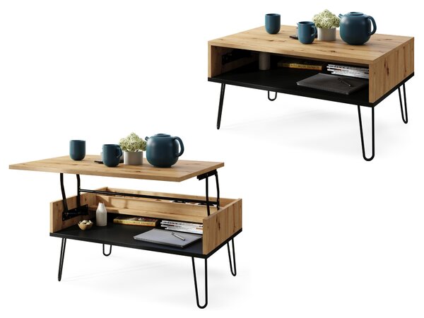 Mazzoni HAIRPIN S-90 Stejar Artisan/Negru Mat - MASĂ DE CAFEA MODERNĂ MASĂ CU BLAT RIDICAT + COMPARTIMENT + RAFT