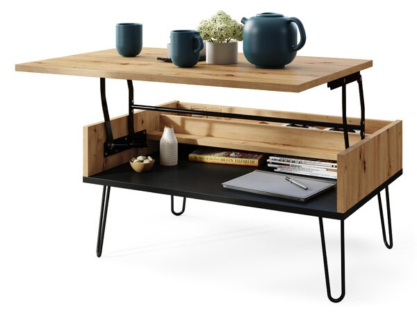 Mazzoni HAIRPIN S-90 Stejar Artisan/Negru Mat - MASĂ DE CAFEA MODERNĂ MASĂ CU BLAT RIDICAT + COMPARTIMENT + RAFT
