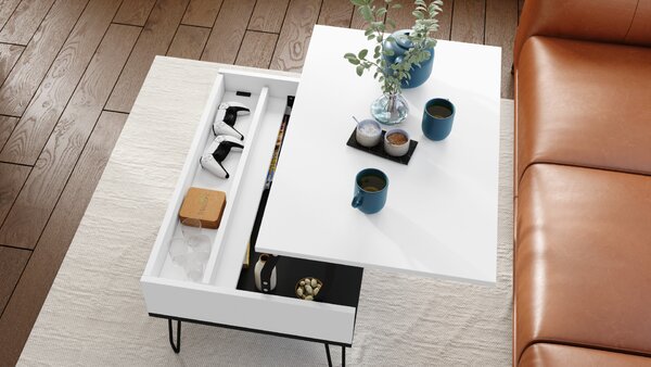 Mazzoni HAIRPIN S-90 Alb Mat/Negru Mat - MASĂ DE CAFEA MODERNĂ MASĂ CU BLAT RIDICAT + COMPARTIMENT + RAFT