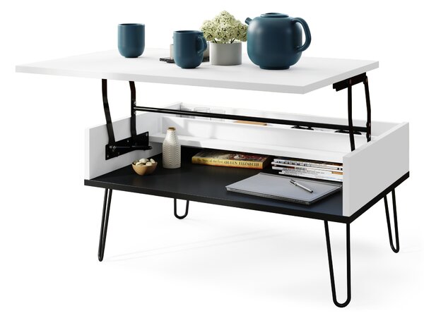 Mazzoni HAIRPIN S-90 Alb Mat/Negru Mat - MASĂ DE CAFEA MODERNĂ MASĂ CU BLAT RIDICAT + COMPARTIMENT + RAFT