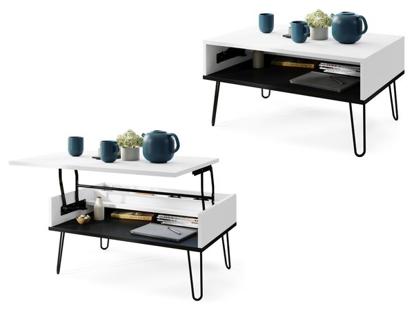 Mazzoni HAIRPIN S-90 Alb Mat/Negru Mat - MASĂ DE CAFEA MODERNĂ MASĂ CU BLAT RIDICAT + COMPARTIMENT + RAFT
