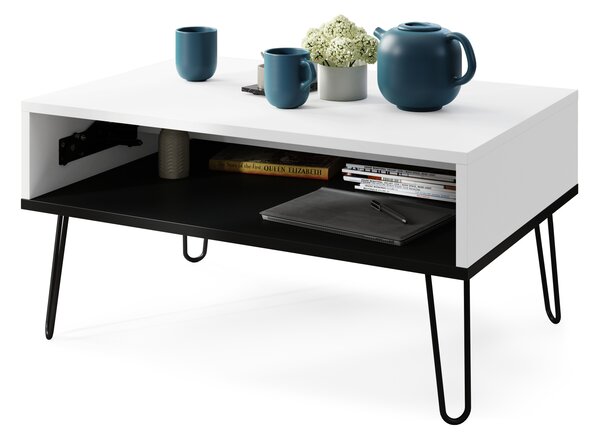Mazzoni HAIRPIN S-90 Alb Mat/Negru Mat - MASĂ DE CAFEA MODERNĂ MASĂ CU BLAT RIDICAT + COMPARTIMENT + RAFT
