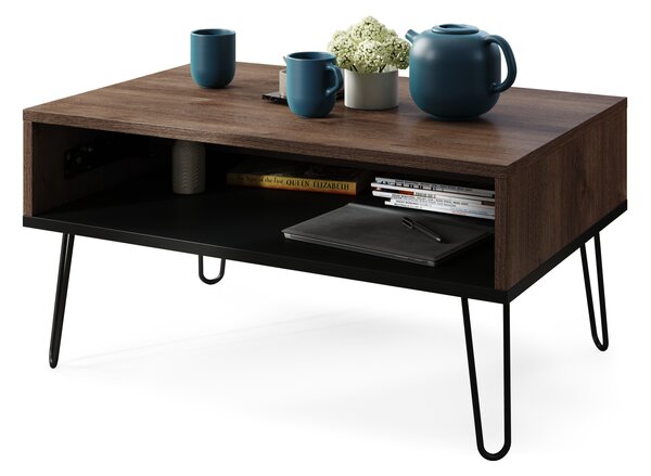 Mazzoni HAIRPIN S-90 Stejar Maro/Negru Mat - MASĂ DE CAFEA MODERNĂ MASĂ CU BLAT RIDICAT + COMPARTIMENT + RAFT