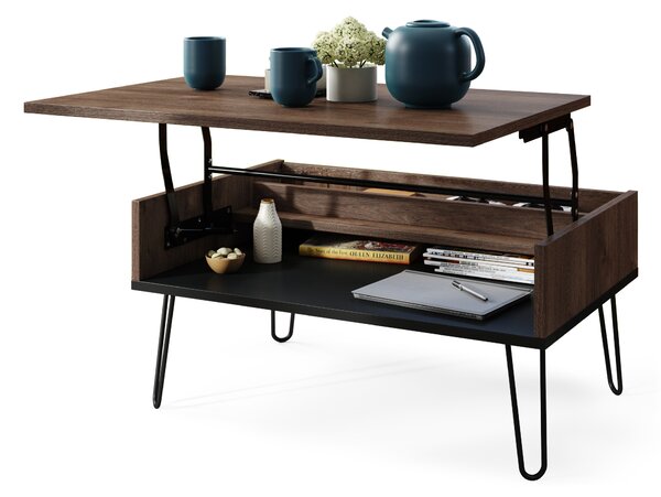 Mazzoni HAIRPIN S-90 Stejar Maro/Negru Mat - MASĂ DE CAFEA MODERNĂ MASĂ CU BLAT RIDICAT + COMPARTIMENT + RAFT