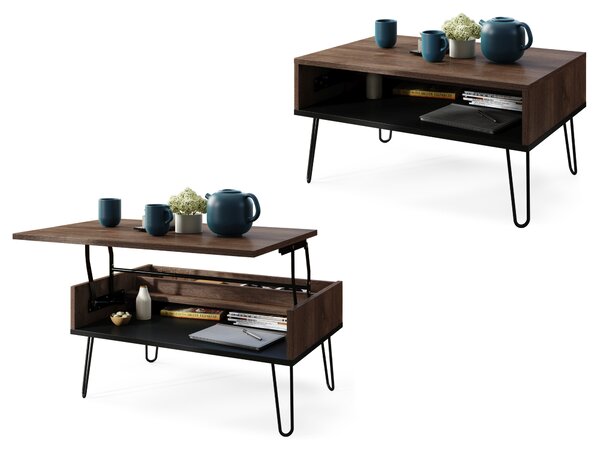 Mazzoni HAIRPIN S-90 Stejar Maro/Negru Mat - MASĂ DE CAFEA MODERNĂ MASĂ CU BLAT RIDICAT + COMPARTIMENT + RAFT