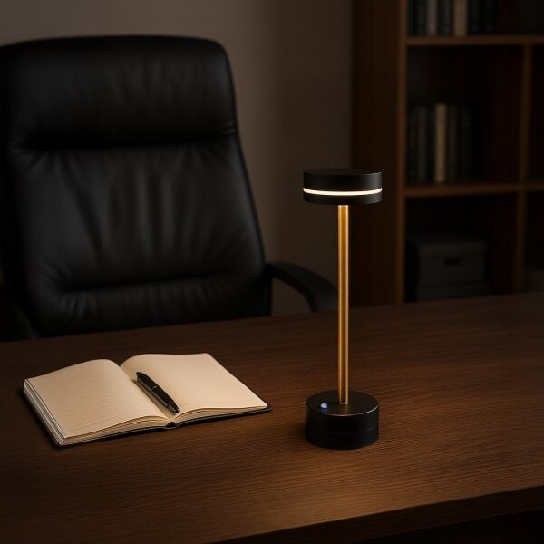 Lampă de birou LED reîncărcabilă, cu reglaj al intensității, SAM, 5W/5V, 3600 mAh, negru/auriu
