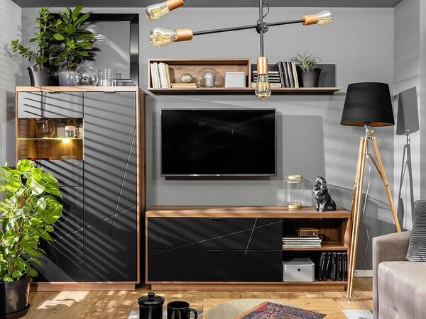 Set de living Fivale 106, Stejar Delano închis, Negru, PAL laminat, Sticlă călită