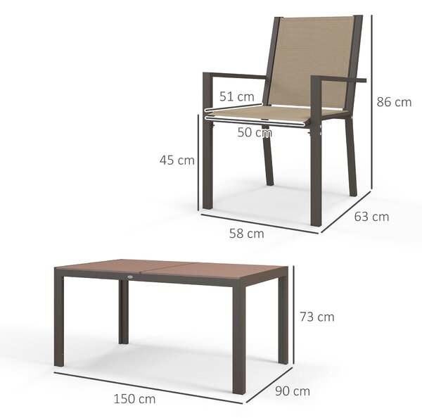 Outsunny Set de Grădină din 7 Piese cu Masă din Plastic-Lemn și 6 Fotolii Stivuibile cu Șezut și Spătar, 150x90x73 cm, Maro | Aosom Romania