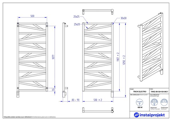 Instal Projekt Trick Electro încălzitor electric 118.7x53 cm negru TRKE-50/120C31+GH-06C2
