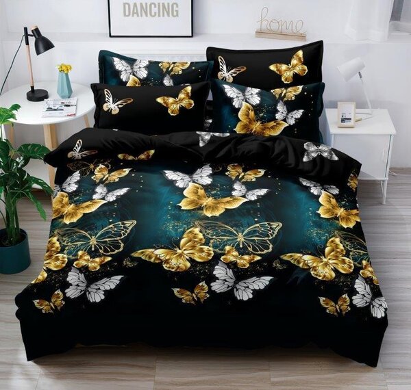 Lenjerie de pat din bumbac satinat negru, GOLD BUTTERFLY