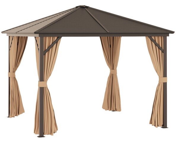 Outsunny Foisor de Gradina 2.98x2.98m in Aluminiu cu Plasa de Tantari, 4 Perdele Laterale si Acoperis Rigid, Maro