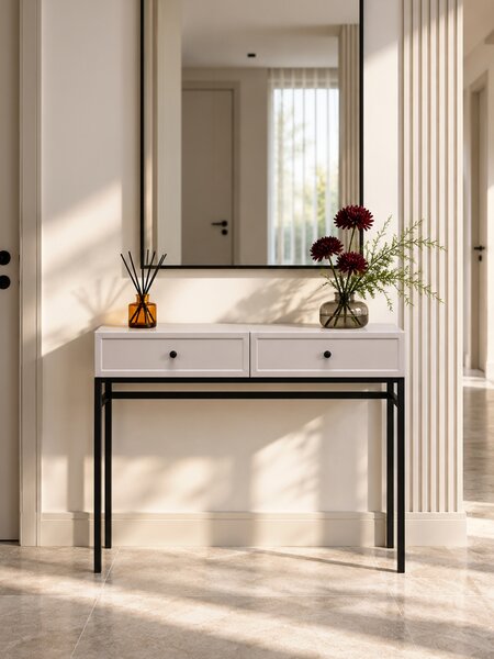 Consolă cu sertare Lorini 100 cm - cașmir, mânere negre, cadru metalic