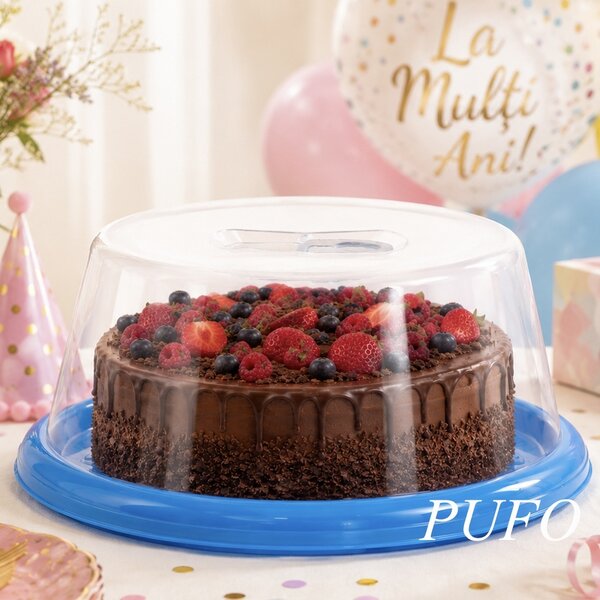 Platou rotund Pufo Cake cu capac transparent pentru servire torturi, prajituri, briose, Ø 30 cm, albastru