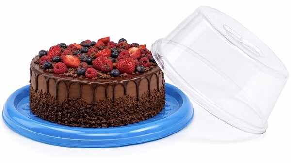 Platou rotund Pufo Cake cu capac transparent pentru servire torturi, prajituri, briose, Ø 30 cm, albastru