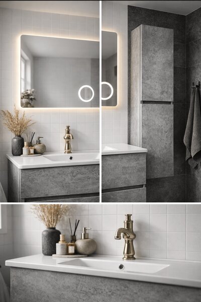 Set Mobilier Baie Stone 80 cm oglinda cu LED, dezaburire si lupa, lavoar ceramic, soldat inclus, MDF total