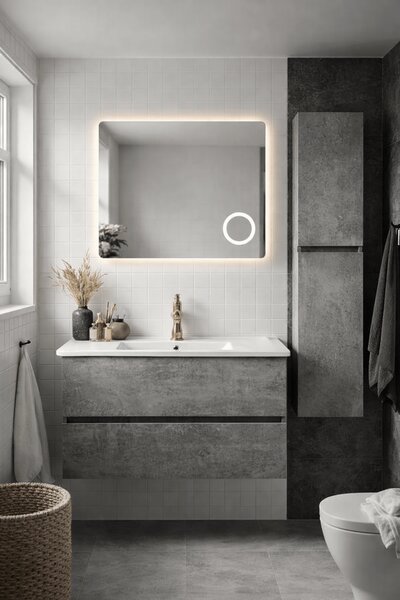 Set Mobilier Baie Stone 80 cm oglinda cu LED, dezaburire si lupa, lavoar ceramic, soldat inclus, MDF total