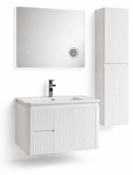 Set Mobilier Baie CAPPADOCIA Riflat 80 cm alb, oglinda 70 sau 80 cm cu LED, dezaburire si lupa, lavoar ceramic, soldat inclus. 70 CM