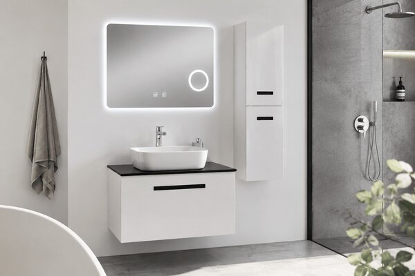 Set Mobilier Baie Troia 80 cm oglinda cu LED, dezaburire si lupa, lavoar ceramic, blat compozit, soldat inclus, MDF total (WB-BC202)