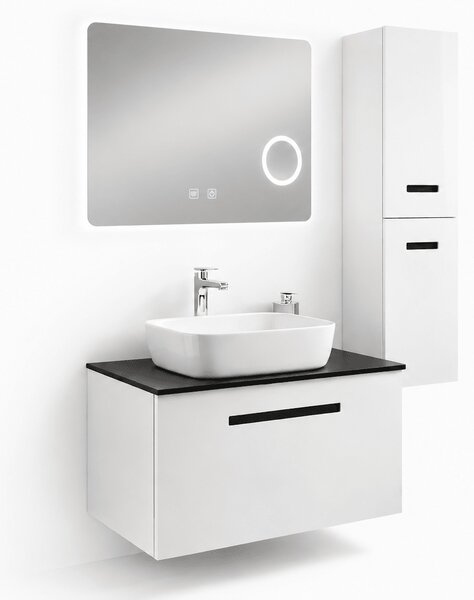Set Mobilier Baie Troia 80 cm oglinda cu LED, dezaburire si lupa, lavoar ceramic, blat compozit, soldat inclus, MDF total (WB-BC202)