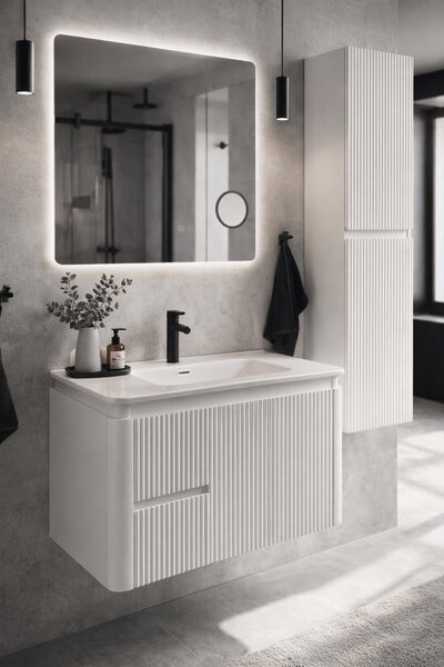 Set Mobilier Baie CAPPADOCIA Riflat 80 cm alb, oglinda 70 sau 80 cm cu LED, dezaburire si lupa, lavoar ceramic, soldat inclus. 70 CM