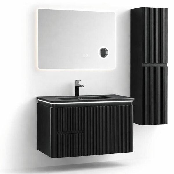 Set Mobilier Baie Cappadocia Riflat 80 cm negru mat, oglinda 70 sau 80 cm cu LED, dezaburire si lupa, lavoar ceramic, soldat inclus. 70 CM