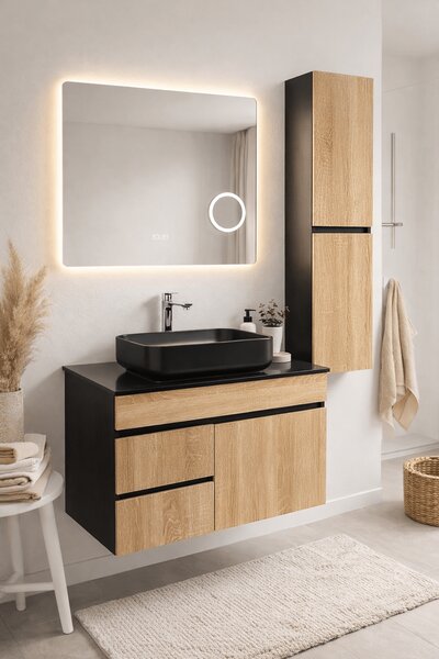 Mobilier Forest 80 cm oglinda cu LED, dezaburire si lupa, lavoar ceramic, blat compozit, soldat inclus, MDF total (WB-BC077)