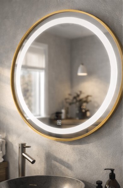 Oglinda LED rotunda 6918 Ø70 rama aluminiu aurie senzor tactil