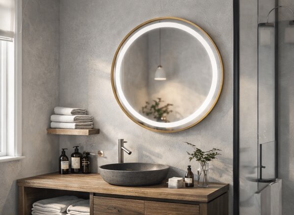 Oglinda LED rotunda 6918 Ø70 rama aluminiu aurie senzor tactil