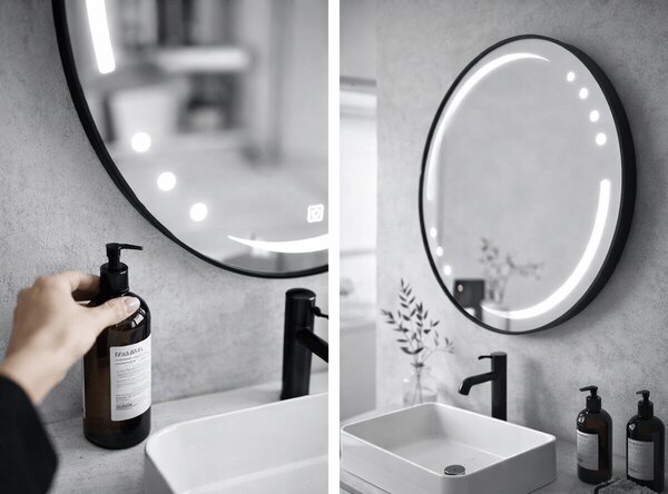 Oglinda LED rotunda 6912 Ø70, rama aluminiu neagra