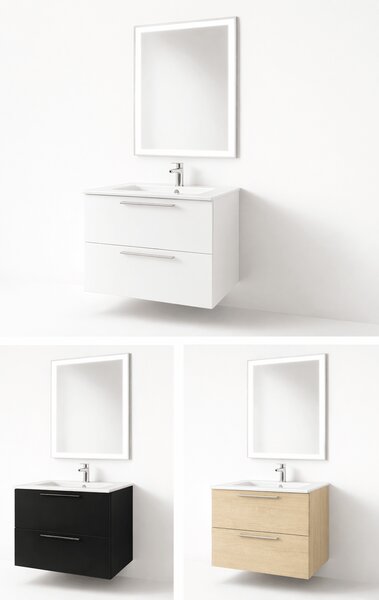 Set Mobilier Baie Suspendat 60 cm – cu Lavoar Ceramic Slim si Oglinda LED, MDF total Negru
