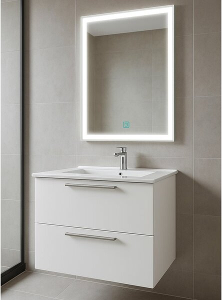 Set Mobilier Baie Suspendat 60 cm – cu Lavoar Ceramic Slim si Oglinda LED, MDF total Negru