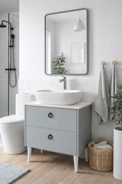 Mobilier Siena BC2451 60 cm, gri prafuit, oglinda cu LED, lavoar ceramic, blat compozit inclus, MDF total