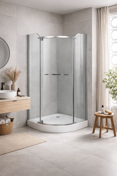Cabina dus semi-rotunda 90x90, balama, prinderi si manere inox, sticla securizata 6mm. Cadita este inclusa in pret!