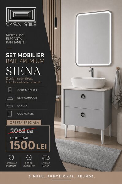 Mobilier Siena BC2451 60 cm, gri prafuit, oglinda cu LED, lavoar ceramic, blat compozit inclus, MDF total