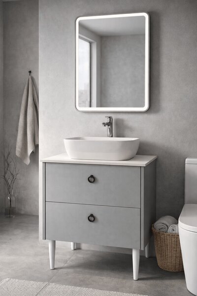 Mobilier Siena BC2451 60 cm, gri prafuit, oglinda cu LED, lavoar ceramic, blat compozit inclus, MDF total