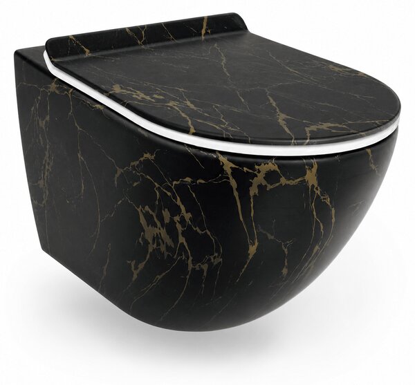 Vas WC suspendat negru cu finisaj marmorat auriu, capac duroplast soft-close