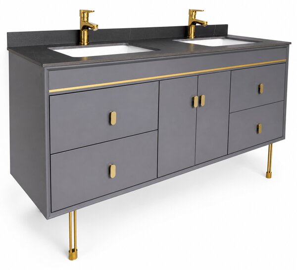 Set Mobilier baie NOBLE 150 cm, MDF, blat ceramic, oglinda LED, sistem soft-close