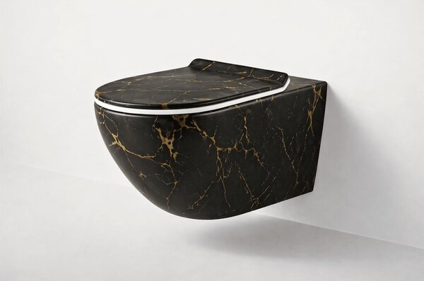 Vas WC suspendat negru cu finisaj marmorat auriu, capac duroplast soft-close