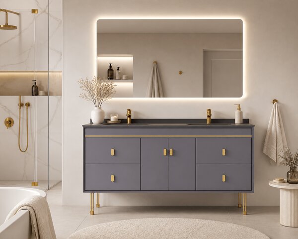 Set Mobilier baie NOBLE 150 cm, MDF, blat ceramic, oglinda LED, sistem soft-close