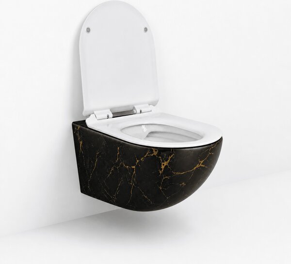 Vas WC suspendat negru cu finisaj marmorat auriu, capac duroplast soft-close