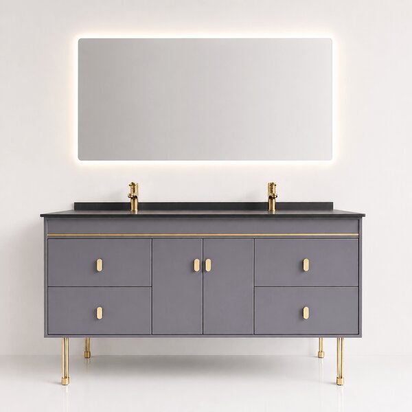 Set Mobilier baie NOBLE 150 cm, MDF, blat ceramic, oglinda LED, sistem soft-close