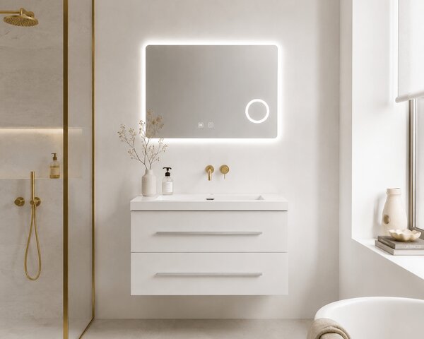 Set Mobilier Baie Efes 80 cm oglinda cu LED, lavoar compozit inclus, MDF total