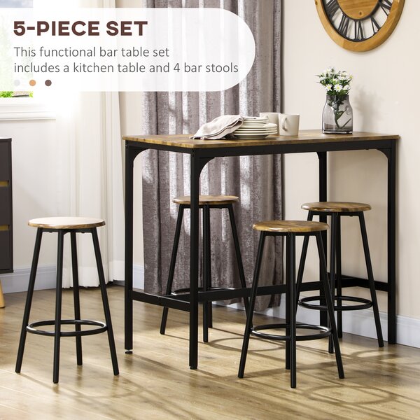 HOMCOM Scaune bar si Masa Bar, 5 piese, cu 4 Scaune Rotunde, Economie de Spațiu, Design Rustic Maro, pentru Bucătărie | Aosom Romania