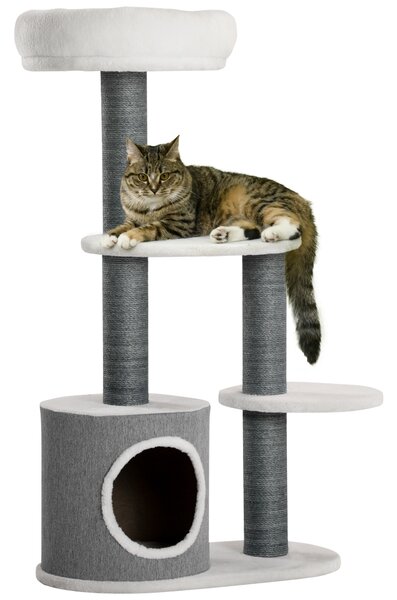 PawHut Turn de Interior pentru Pisici, 98 cm, cu Stâlp de Zgâriat, Casuță, Pat, Alb, Design Modern | Aosom Romania