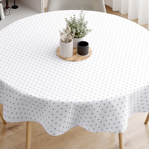Goldea față de masă decorativă loneta - inimioare gri pe alb - rotundă Ø 140 cm